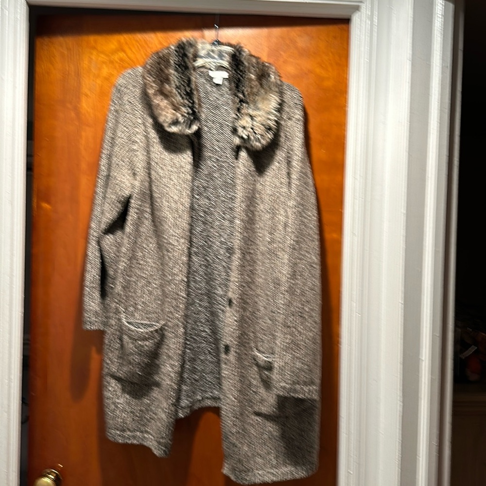 J. Jill Blend Open Front Long Cardigan Duster. With removable, faux, collar.